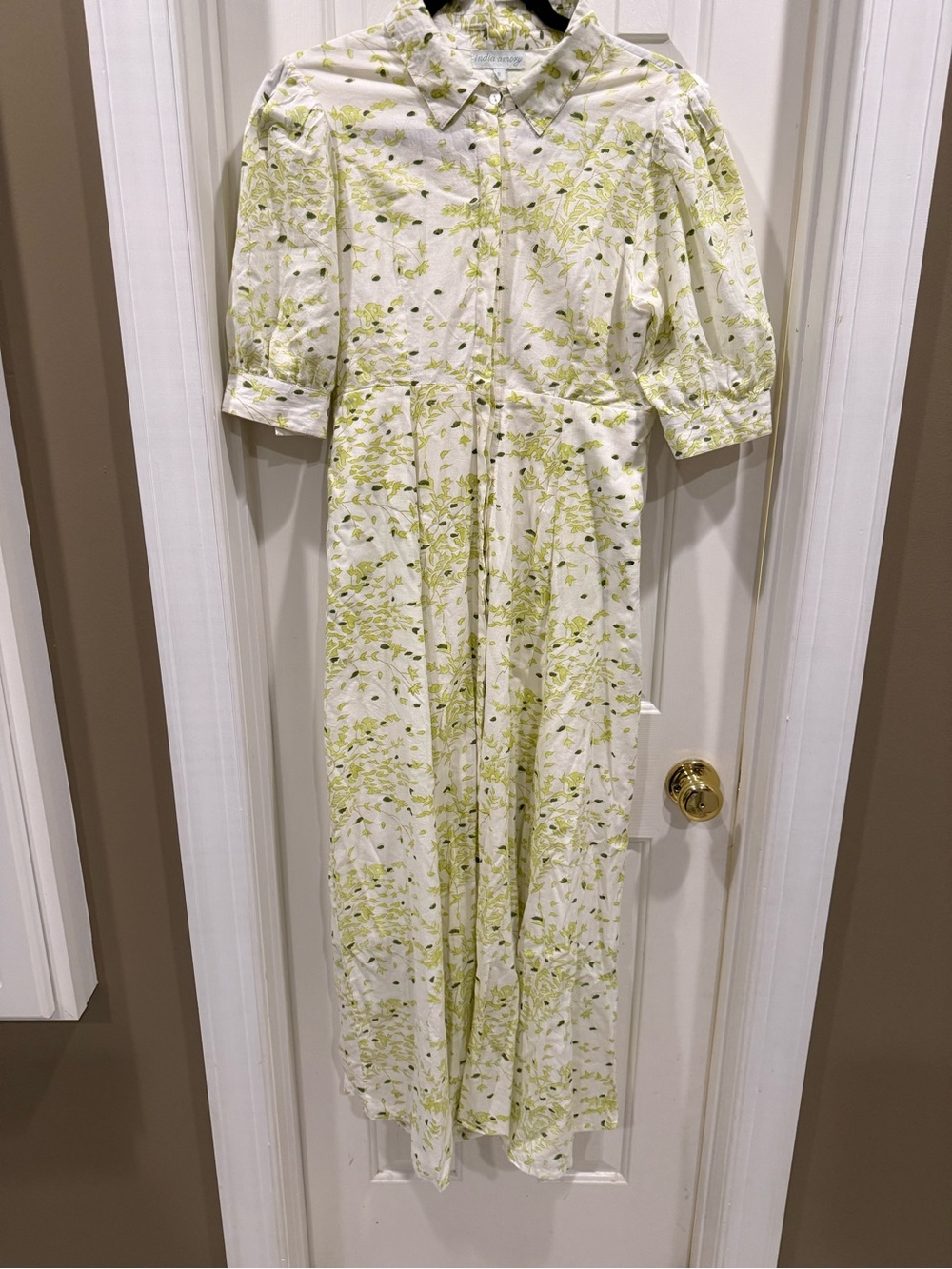 India Amory White & Light Green Floral Collared Long  Dress